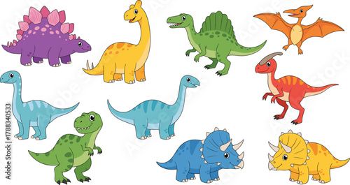 A delightful collection of cute cartoon dinosaurs featuring T-Rex, Triceratops, Stegosaurus, Pterodactyl, and Brontosaurus, perfect for children's educational content and fun apparel design.