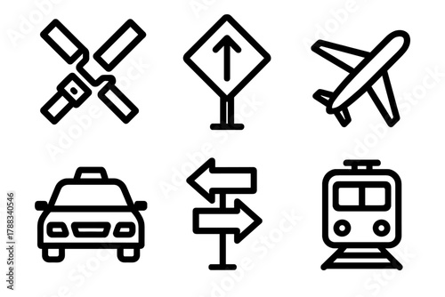 Safe Travel Icons. Safe Transportation linear icon set: seatbelt icon, road sign, airplane, taxi car, train icon, direction arrows.