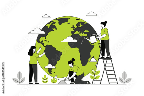 People working together to save the Earth with teamwork concept