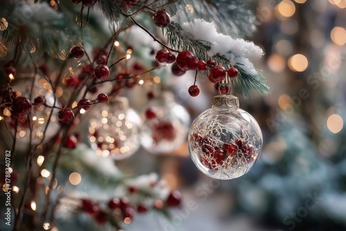 Decorative Glass Ornaments Hanging From Snowy Branches for a Cozy Winter Cele...