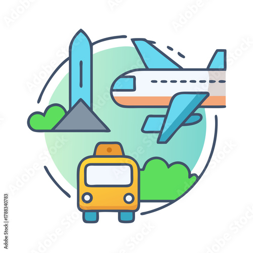 Iconic travel vector illustration: taxi, airplane, washington monument