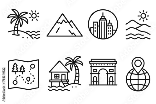 Travel Destination Icons. Tourism Destinations linear icon set: tropical beach icon, mountain peak symbol, city skyline badge, desert dunes graphic, forest trail map, island resort