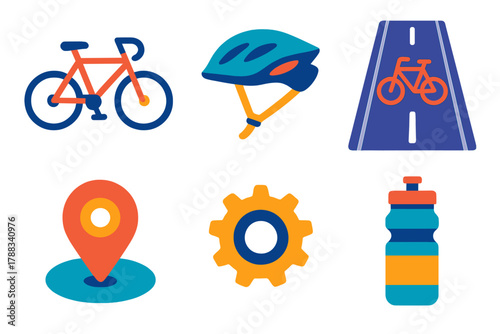 Cycling Culture Icons. Cycling Culture flat icons: bicycle, helmet, bike lane, location pin, gear icon, water bottle.