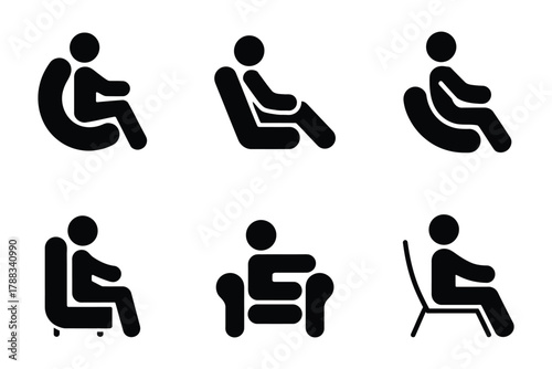 Vector art of Stick figures sitting in different chairs various postures and positions for relaxation and comfort in seating