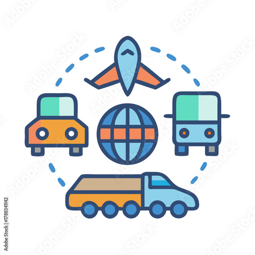 Global transportation network featuring various modes of transport icons