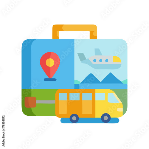 Flat illustration of travel suitcase with destination and transport