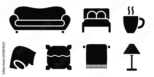 Collection of home comfort vector icons, featuring sofa, bed, coffee, blanket, pillow, towel, and lamp for cozy living