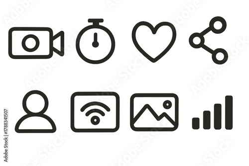 Streaming Icons Doodle. Content Streaming outline icons: webcam view, timer icon, heart reaction, share button, viewer icon, broadcast overlay, thumbnail preview, signal strength.