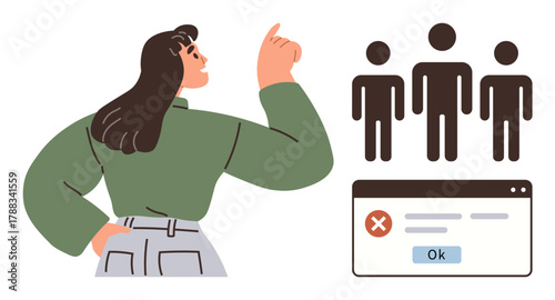 Woman pointing at group icon with error message dialogue box. Ideal for teamwork, responsibility, leadership, feedback, conflict resolution, decision-making, accountability. Simple flat metaphor