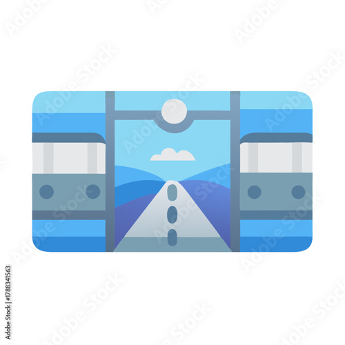 Stylized train ticket featuring journey through mountain landscape