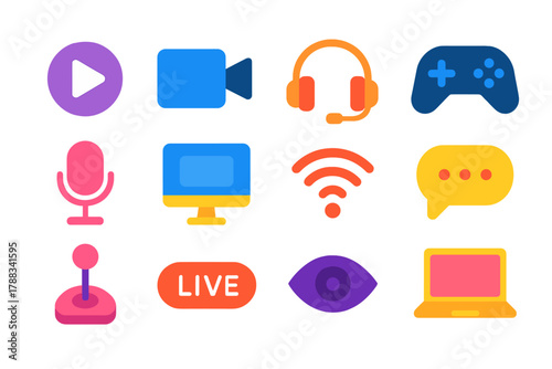 Gaming Stream Icons. Game Streaming Live flat icons: play button, camera, headset, game controller, microphone, monitor, Wi-Fi signal, chat bubble, joystick, live indicator, viewer