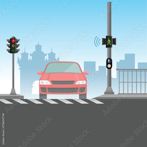Urban Traffic Light Scene with Red Car and Crosswalk | City Road Safety Vector Illustration