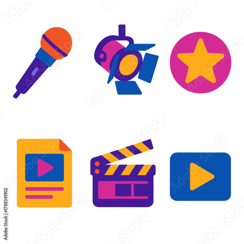 Showbiz Icon Set. Showbiz Reports flat icons: microphone, spotlight, clapperboard, star, document, video play icon.