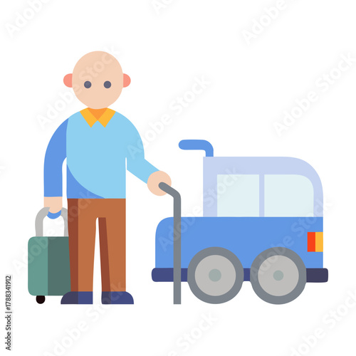 Senior man with wheeled walker and suitcase illustration