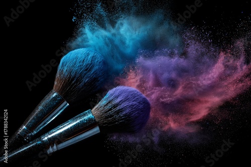Colorful Makeup Brushes Create Vibrant Powder Bursts Against a Dark Background