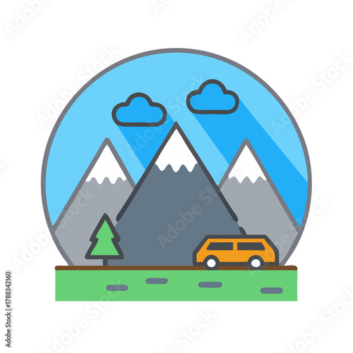 Mountain road trip illustration with car, tree, and mountains