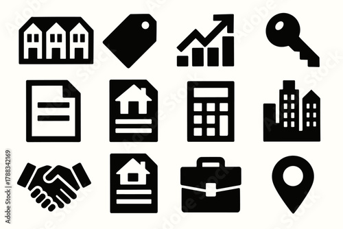 Bold Housing Icons. Housing Market silhouette icon set: townhouse, price tag, chart arrow, house key, document icon, mortgage paper, calculator, skyline, sale agreement, property