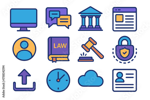 Digital Legal Services. Online Legal Services flat icons: computer monitor, chat window, courthouse icon, form page, user avatar, law book, gavel, encrypted lock, upload arrow,