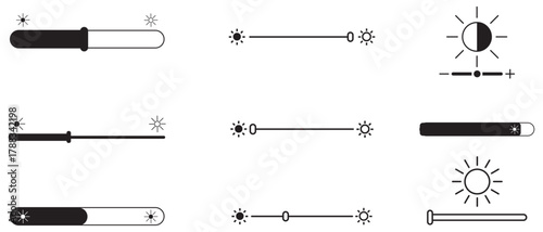 Set of Brightness level icon. Brightness control graduation icons set. Day and night or dark and light mode icons. Brightness slider level control. Vector illustration.