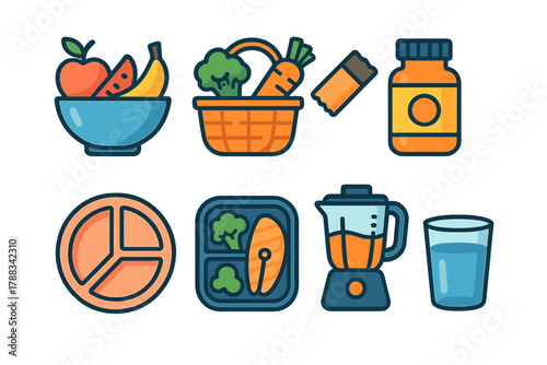 Balanced Nutrition Icons. Balanced Nutrition flat icons: fruit bowl, vegetable basket, protein bar, vitamin bottle, portion plate, meal prep box, blender, glass of water.