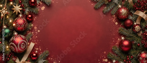 Elegant Christmas Background with Pine Tree Branches and Red and Gold Ornaments on a Rich Textured Red Backdrop