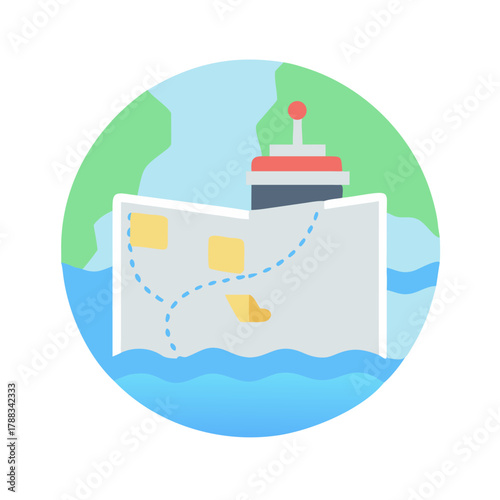 Cartoon flat ship map on world island illustration