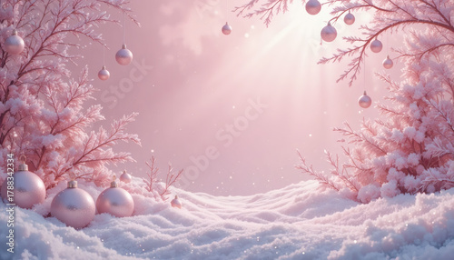 Minimal Christmas background, pastel pink with shiny ornaments and subtle sparkles