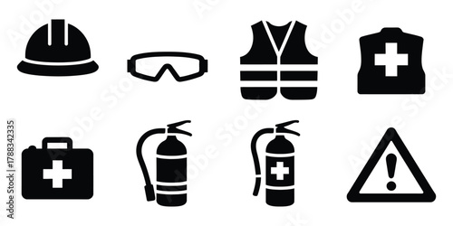 Safety first vector icons set, including hard hat, safety glasses, vest, first aid kit, fire extinguisher, and warning sign