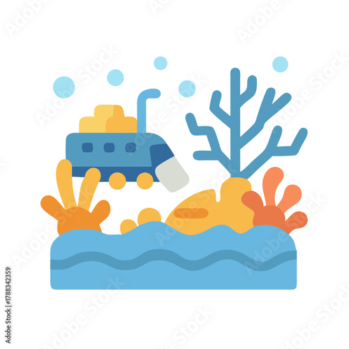 Underwater exploration with submarine and coral reef illustration