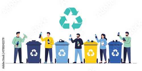 People recycling materials with various recycling containers and recycling symbol
