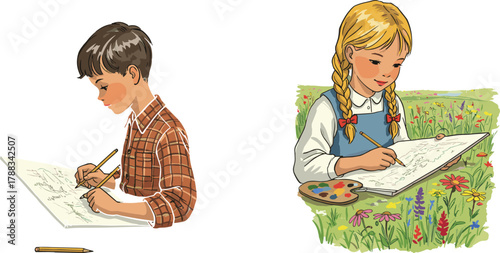 Children drawing with pencils indoors and outdoors, creative activity, nature inspiration, learning, imagination, art expression, fun, and observation.