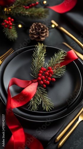 Elegant Holiday Table Setting With Black Plates and Festive Decorations for a...