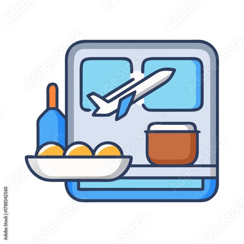 Airline meal tray icon showing plane flight food set