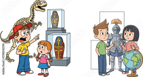 Children Exploring Museum Exhibits – Dinosaur Skeleton, Egyptian Sarcophagus, Medieval Armor, Globe, Educational Discovery and Curiosity Vector Illustration