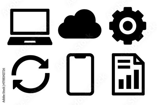 Digital Change Icons. Digital change management silhouette icon set: laptop, cloud, gear, arrows rotating, smartphone, document chart.