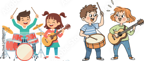 Children playing musical instruments in cartoon style, showcasing joyful band practice, teamwork, rhythm, and fun music learning moments for kids.