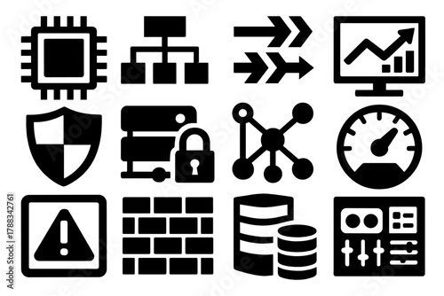 Digital Performance Icons. Digital Performance silhouette icon set: CPU symbol, system chart, data flow, dashboard screen, shield icon, secure server, network lines, performance