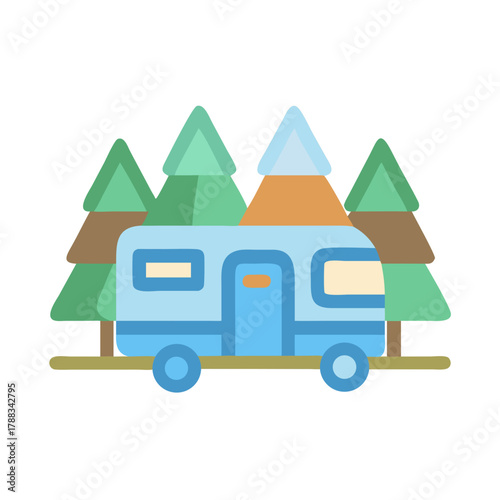 Simple campervan illustration among forest trees on black background