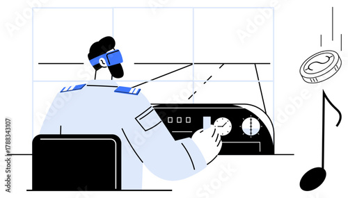 Pilot adjusting control panel in cockpit with music note and coin in foreground. Ideal for aviation, entertainment, finance, innovation, focus, navigation, creativity. Simple flat metaphor