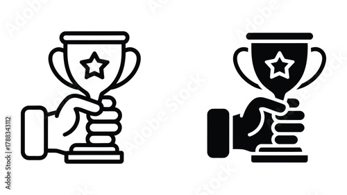 A hand holding trophy icon, symbolizing victory, achievement, success, and recognition in a simple and elegant Vector design