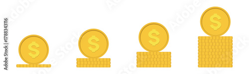 Stacks of gold coins increasing in height symbolizing wealth growth and financial success. Vector illustration