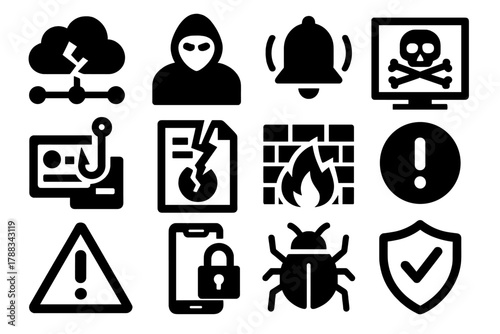 Bold Cybersecurity Icons. Information Threats silhouette icon set: network breach, hacker icon, warning bell, malware infection, phishing trap, data corruption, firewall grid,