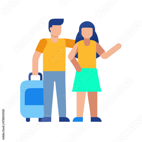 Stylized traveler couple with suitcase ready for a vacation