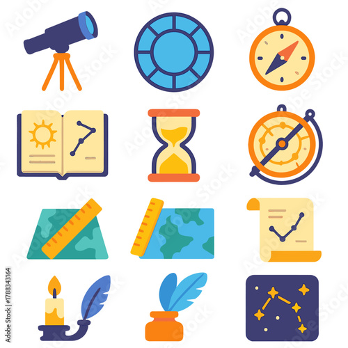 Astrology Tools Icons. Astrology Tools flat icons: telescope, chart wheel, compass, astrolabe, open book, hourglass, ruler, map, scroll, candle, feather pen, sky chart.