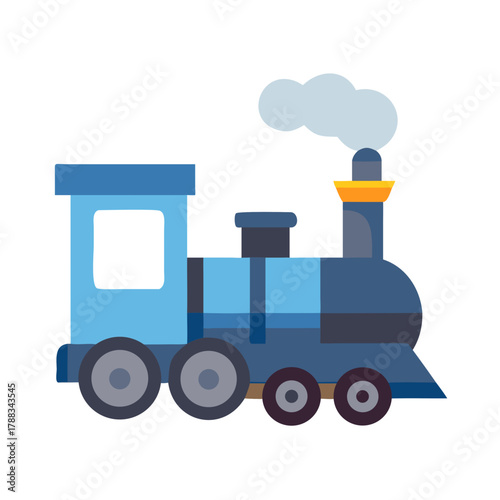 Stylized blue train illustration with smoke on black background