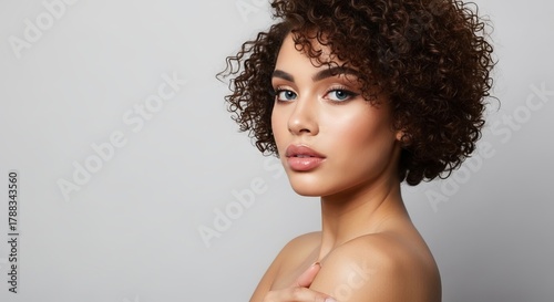 Portrait of a beautiful young woman with curly hair and flawless skin posing against a neutral background in a beauty and fashion style shoot