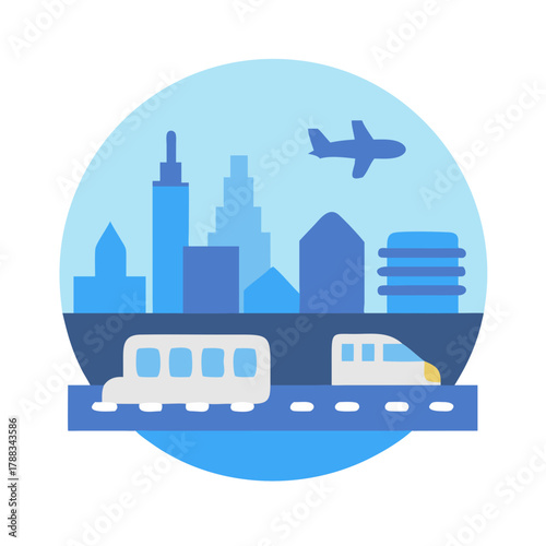 City skyline with airplane, bus, and train transportation art