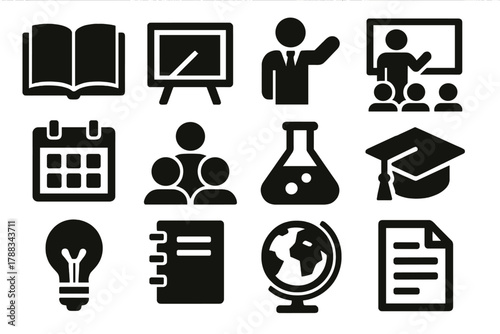 Scientific Method Icon Set. Educational Scientific Method silhouette icon set: open book, chalkboard, teacher icon, classroom, calendar, student group, experiment flask, graduation