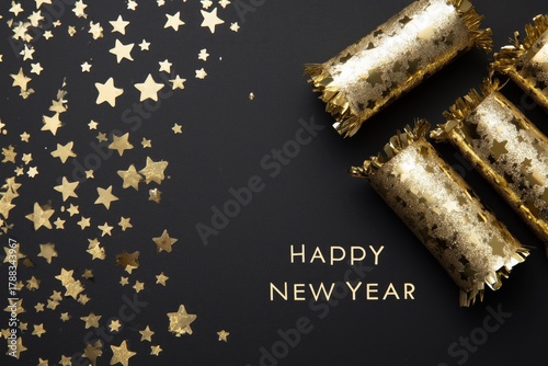 Celebrate New Year With Golden Party Crackers and Star Confetti on a Dark Bac...