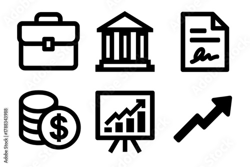 Business Loan Icons. Business loans silhouette icon set: briefcase, bank building, contract paper, dollar coin stack, chart board, upward arrow.
